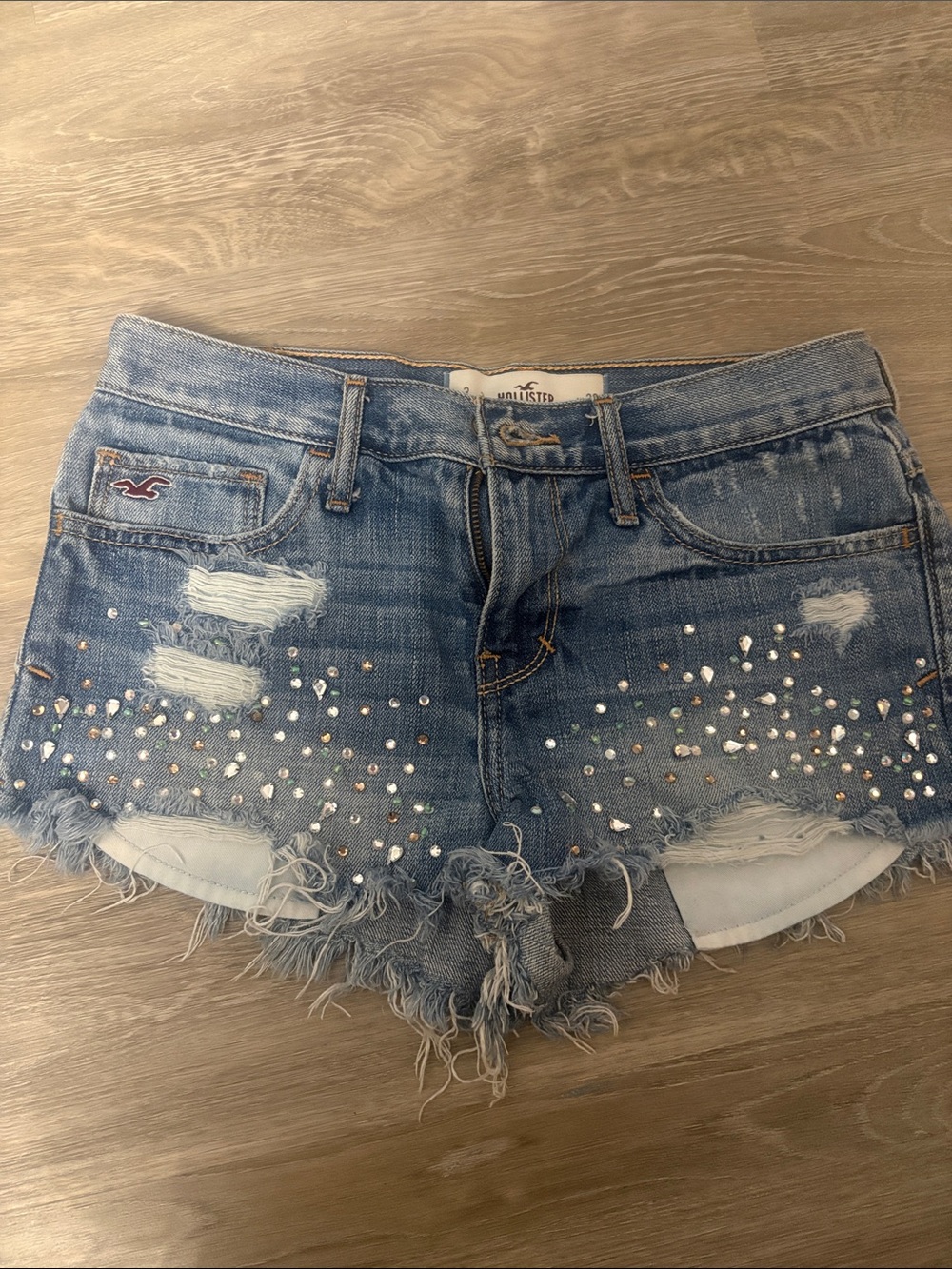 Hollister Light Blue Distressed Denim Shorts with Rhinestones